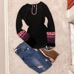 Free People Navy & Royal Blue Trim Waffle Long Sleeve w Embroidered Knit Sleeves